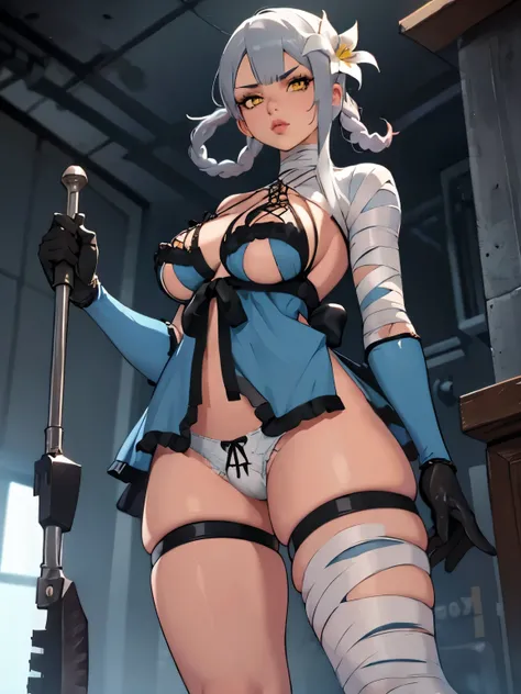 1girl,backlighting,bandaged arm,bandaged leg,bandaged neck,bandages,black gloves,digital dissolve,flower,from below,gloves,grey hair,hair flower,hair ornament,high heels,holding,holding weapon,knee up,lingerie,lips,looking at viewer,panties,serious,skinden...