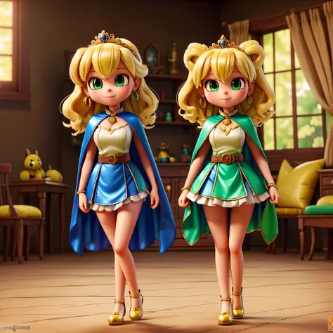 (frieren) and (Deedlit) walking through the forest, (full body view), (frieren has twintais, white hair, green epiceyes, pointy ears, wears white capelet, striped shirt, long sleeves, belt, skirt, black pantyhose, boots, earrings), (deedlit has long yellow...