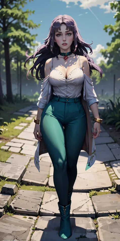 masterpiece, best quality, purplehair, pointy ears, female dwarf, collar, off-shoulder shirt, cleavage, green vest, green pants, large breasts, walking, stairs, forest, night sky, boots
