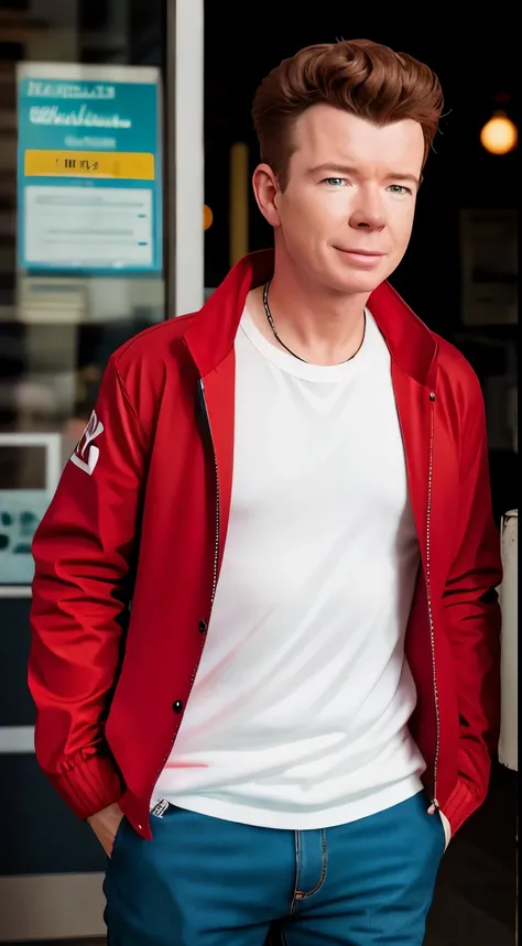 rick astley as a pokemon trainer, wearing red jacket, a cap and a pokemon backpack, happy, pokemon anime style, 8k