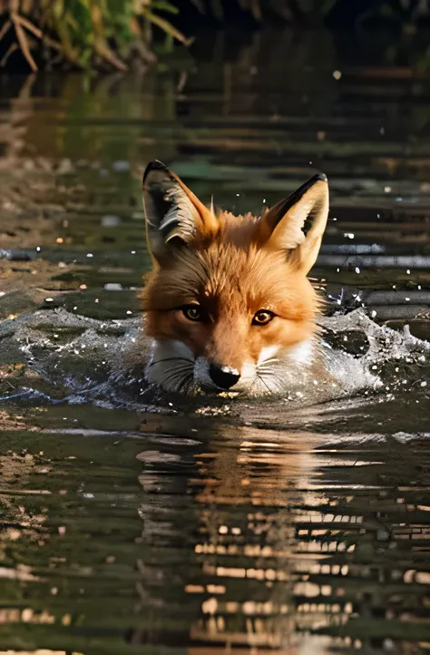 Un renard nageant dans l&#39;river water