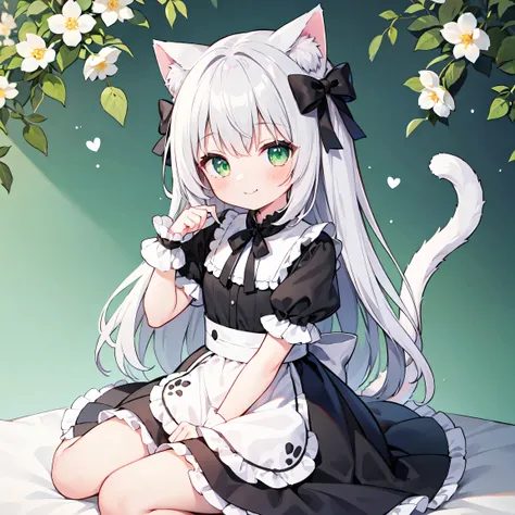 high resolution,highest quality, 1 girl, animal ears, gray hair, blush, bow, green eyes, cat ear, cat tail, closed mouth, dress,...