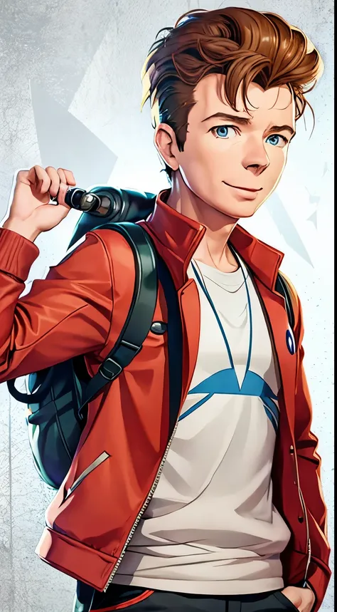 rick astley as a pokemon trainer, wearing red jacket, a cap and a pokemon backpack, happy, pokemon anime style, 8k