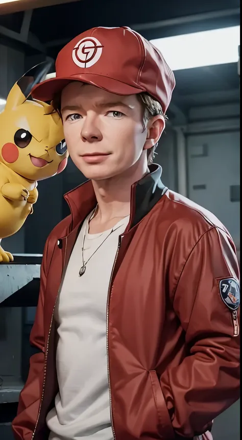rick astley as a pokemon trainer, wearing red jacket, a cap and a pokemon backpack, happy, pokemon anime style, 8k