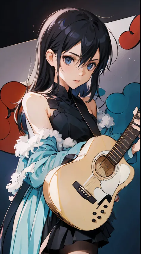 28 years old、black hair messy hair、precision 6 string acoustic guitar:1.2、Anatomically correct fingers、acoustic guitar、Only 1 guitar、Please look straight ahead and sing、(Turn your face forward:1.2)、Ballet costume female Kirito，long hair，black stockings