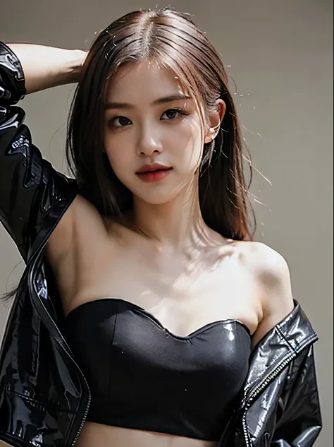 (​masterpiece:1.2), 8k,(ultra-realsitic:1.37), outdoor, japanese porn actress, 18-years old, (slightly chubby), (close-up shot of armpit:1.5), face lights, Detailed face, slightly cunning smile, (pink latex strapless top with a black faux leather jacket ov...