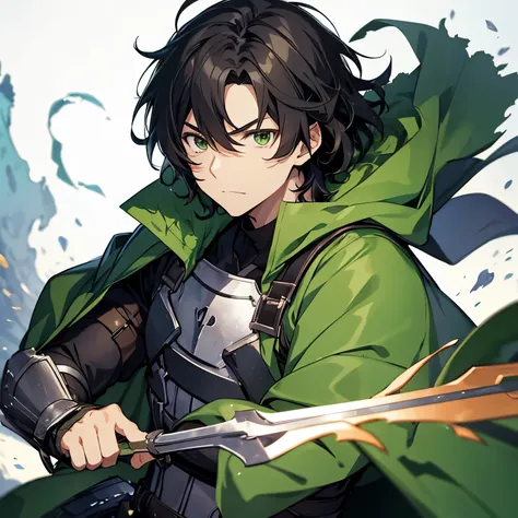 "naofumi Iwatani" from the anime "shield hero", He has messy black hair, armor, and a green cape.