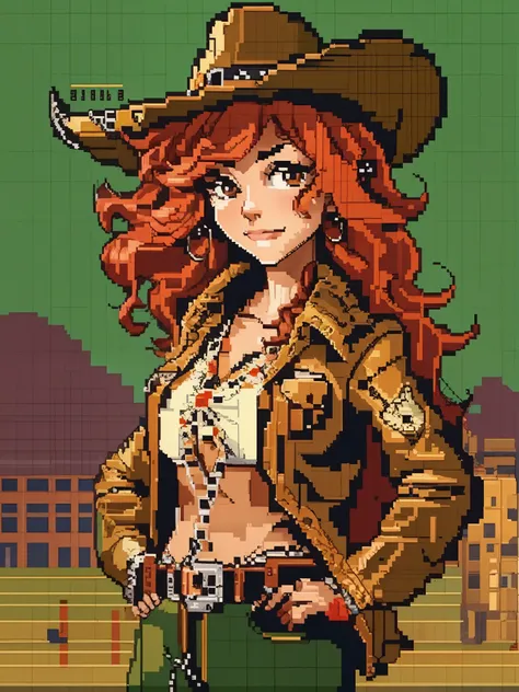  ((best quality)) , ((masterpiece)) ,((details)) ,(Female),Portrait, cowboy hat, Western style, red hair, curly hair, cigar, (((pixel-art))) , low-res, blocky, pixel art style, 8-bit graphics