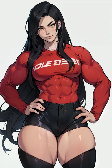 girl ((((muscular 1girl)))) ((((thick thighs toned body)))) (pale skin) black hair yellow eyes very long hair long sleeve tight t-shirt tight pants (straight hair)