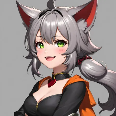 High resolution,highest quality, !,!!, 1 girl, :3, :d, animal ears, blush, Cat ear, cat girl, cat tail, green eyes, teeth, gray background, gray hair, hair between eyes, heart, Horn, open your mouth, orange hair, red eyes, simple background, skin teeth, sm...