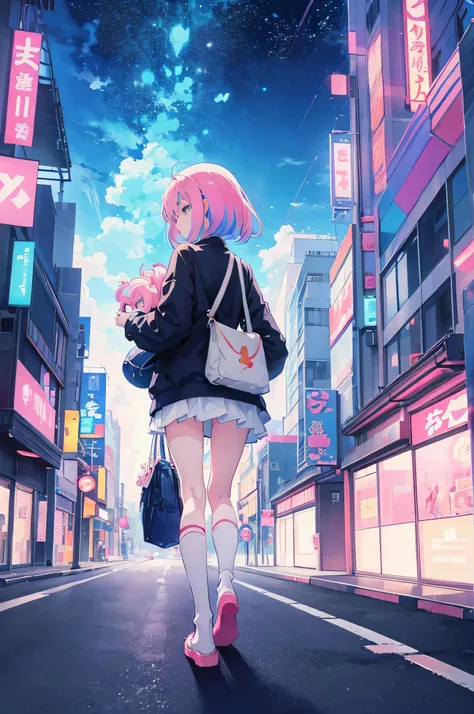 anime girl walking down a street with a bag in her hand, dreamy psychedelic anime, anime visual of a cute girl, lofi girl, beautiful anime art style, trending anime artwork, anime aesthetic, clean detailed anime art, anime vibes, anime style illustration, ...