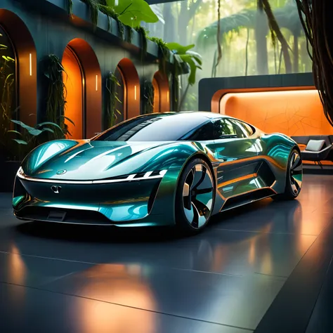 Surrealist art (Ultrarealistic:1.3) futuristic car in a futuristic setting, futuristic product car shot, car with holographic paint, futuristic car, render of futuristic supercar, concept ar, futuristic car concept, cyberpunk car, futuristic concept car, f...