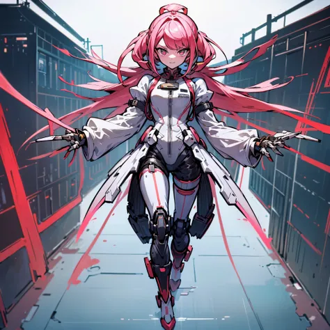 (((masutepiece))), (((Best Quality))), ((Ultra-detailed)), (High Definition CG Illustration), ((extremely delicate and beautiful)),((1mechanical girl)),solo,Full body,Long hair,(Machine-made joints:1.2),((machanical limbs)),(blood vessels connected to tube...