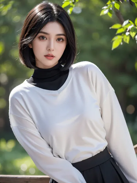 Ultra-HD-details, detailed eyes, black bob hair, upper body, outdoor, nature, skirt, Shirt, black turtleneck, (three-quarter body portrait photo), Golsifteh Farahani, Iranian girl