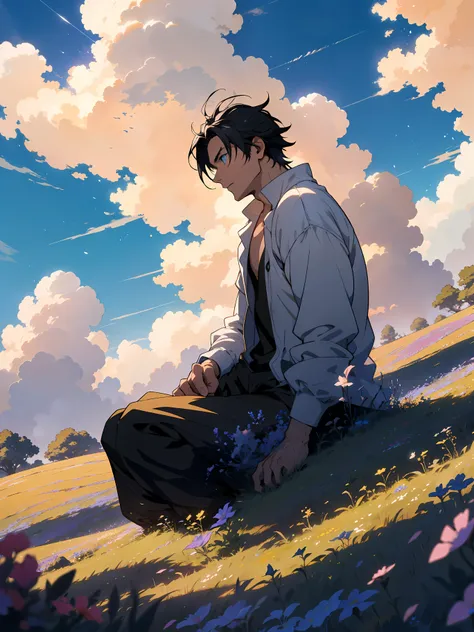 anime man, anime style, Man silhouetted against a radiant sky, perched atop a lush hill beside a sprawling oak, surrounded by a vibrant field of wildflowers, under a heavenscape adorned with ethereal clouds, chiaroscuro lighting, golden hour glow, ultra-de...