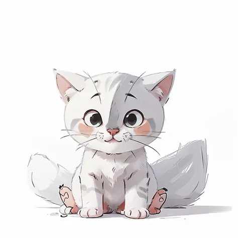 Draw a cartoon of a white baby cat and a gray spot on its right eye 