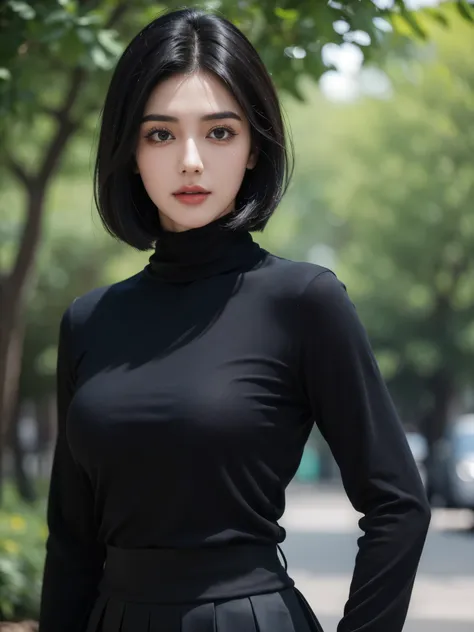 ultra-hd-details, detailed eyes, black bob hair, upper body, outdoor, nature, skirt, shirt, black turtleneck, (three-quarter bod...