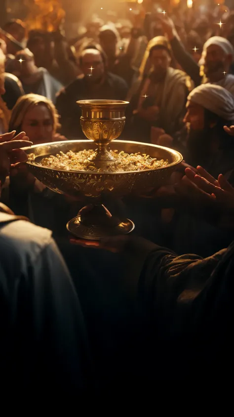 there is a man holding a bowl of food in front of a crowd, the real holy grail, the holy grail, the sacred cup of understading, overturned chalice, “ golden chalice, overturned ornate chalice, “ golden cup, detailed cinematic shot, opening scene, 2 0 2 1 c...