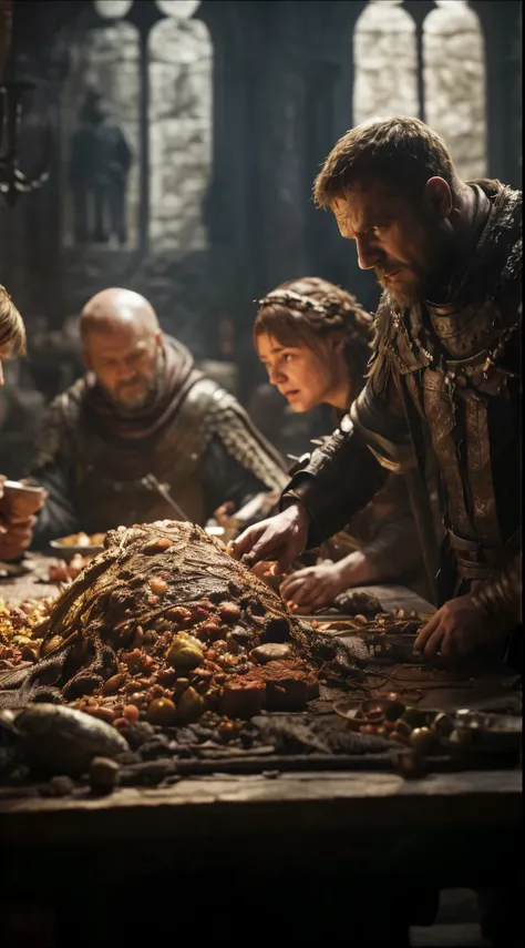 people are gathered around a table with a large amount of food, still image from game of thrones, shot from game of thrones, film still dnd, still from a fantasy movie, still from game of thrones, still from a live action movie, film still from god of war,...