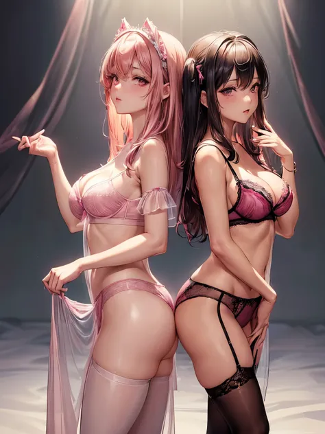 ((2 girls)), ((highest quality)), (super detailed), (very detailed CG 統合 8k 壁紙), very detailed, High-definition RAW color photo, professional photography, slender body, ((beautiful big breasts)), ((bare chest)), (pink hair ornament), peanut butter brown ha...