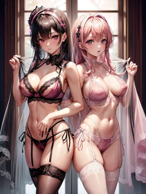 ((2 girls)), ((highest quality)), (super detailed), (very detailed CG 統合 8k 壁紙), very detailed, High-definition RAW color photo, professional photography, slender body, ((beautiful big breasts)), ((bare chest)), (pink hair ornament), peanut butter brown ha...