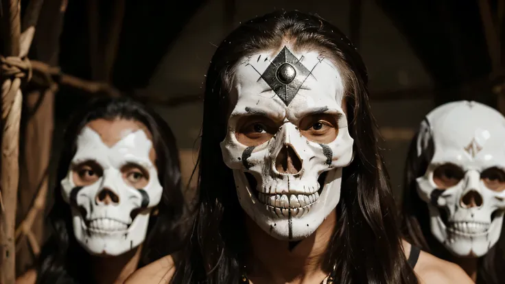 Very dangerous tribe of white skull male people, very terrorific, with skull masks, white eyes