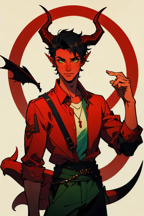 1 man, teenager, devil, red skin, pointy tail, green eyes, wearing casual clothes, tiefling, horns, short black hair