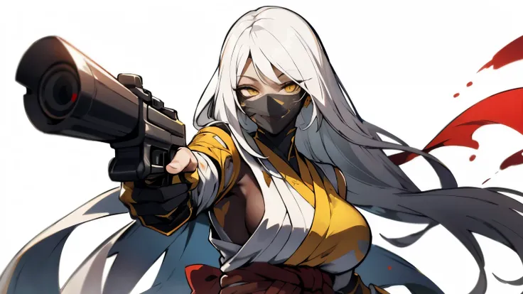 (best quality,highres),tall woman with a big bust smiling towards the camera, removing a black mask with her white hair and yellow eyes, dressed in a white ninja costume with blood stains, holding a gun