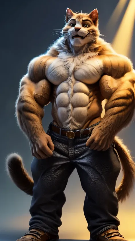 thomascat, furry male anthro, cat boy, solo, (body fur:1.2), (best quality), gradient background, cinematic lighting, (detailed fluffy fur:1.1), looking at viewer, smile, muscular, white whiskers, huge muscles, pants, tail, (open mouth:0.8), 