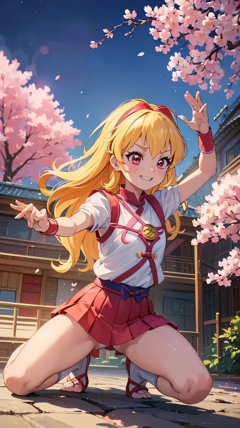 aikatsu,Blonde_HAIR,RED_HAIR_band,masterpiece,best quality,ultra-detailed,super detailed skin,an extremely delicate and beautiful,beautiful detailed eyes,nsfw,Full body,((Reference #Akira Toriyama)),((kawaii girl in Kung fu uniform)),(grin),(dynamic pose),...