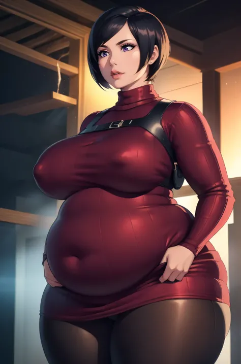 Ada Wong, black hair, short hair, adasweater, red sweater, sweater dress, turtleneck, harness, pantyhose, black tights, black gloves, belt, mature female, 1girl, plump, chubby, curvy, chubby girl, belly, big belly, fat belly, large stomach, night sky backg...