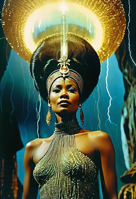 An African queen with bright lightning around her,, visually stunning 1968 panoramic color film, sobrenatural, intrincado e hiperdetalhado, Gay Sci-Fi Supernatural Horror by Andrei Tarkovsky, beautiful moody lighting, sinistro, 16k resolution