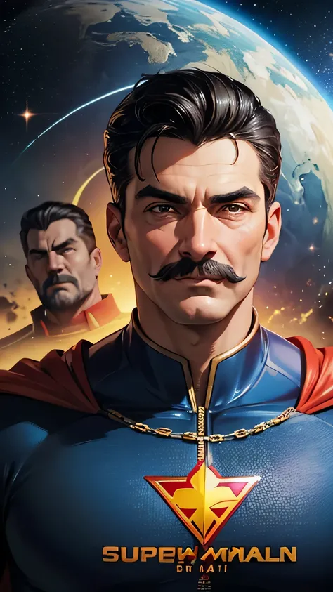 Super homen, Man of Steel, Josef Stalin&#39;cara, velho,  mais velho,  muito velho, Stalin, foto conceitual, cores vibrantes, in space, planeta terra ao fundo, rosto detalhado, retrato detalhado, obra de arte, ao fundo o nome de Stalin