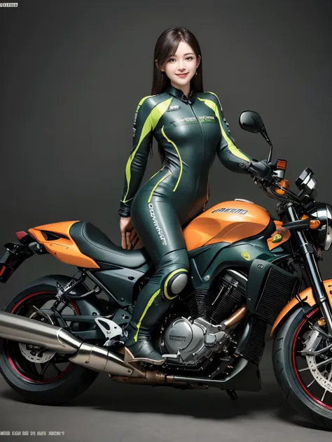 ((highest quality)), ((masterpiece)), (detailed motorcycle), perfect face、realistic skin texture、full body shot、long legs、beauty...