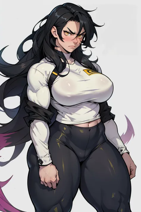 1girl solo black hair yellow eyes very long hair pale skin muscular muscular muscular muscular toned body huge muscles thick thighs girl tight clothes angry blushing messy hair leggings tight shirt long sleeves thick thick thick thick thick thick