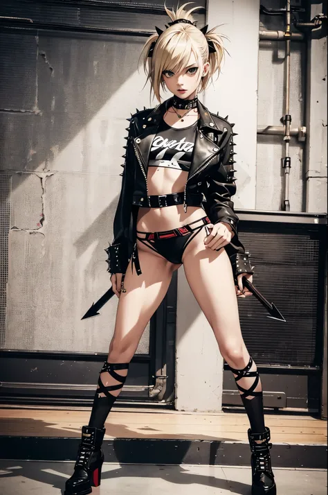 realistic:1.2, rocker girl wearing thong, portrait, highly realistic photograph, full body shot, Electric guitar, edgy clothes, dark lipstick, spiky blonde and partially shaved hair, beautiful and perfect legs, confident look, punk style ,impressive pose, ...