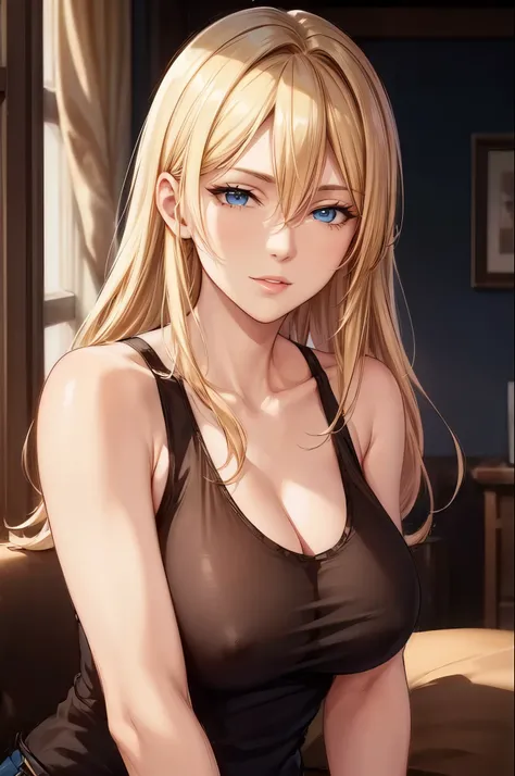 (best quality, highres), portrait, elegant mature woman, blue eyes, long hair, swept-side bang, [[brown hair]], (blonde hair), see through tank top, big breast, ultra detailed cg 8k, beautiful cg, soft light