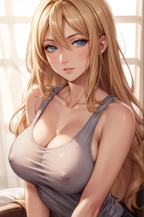 (best quality, highres), portrait, elegant mature woman, blue eyes, long hair, swept-side bang, [[brown hair]], (blonde hair), see through tank top, big breast, ultra detailed cg 8k, beautiful cg, soft light