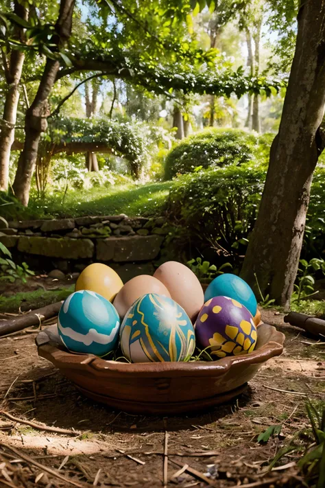 Create a photo composition of hand-painted Easter eggs, artistically arranged in a natural setting, como um jardim ou uma floresta, highlighting the beauty and uniqueness of each piece