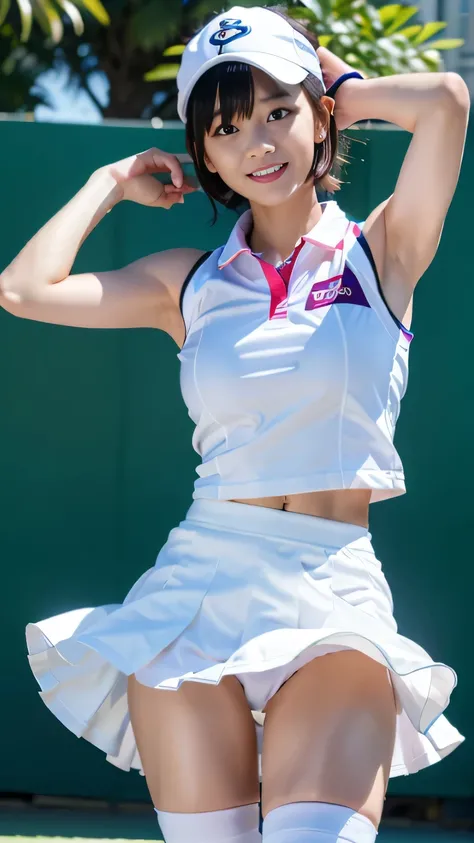 (highest quality, masterpiece, ultra high resolution, (realistic:1.4), Raw photo, very detailed, perfect anatomy), 
((1 girl, most famous japanese idol)), ((Wearing a colorful tennis uniform sleeveless shirt, Wearing a colorful tennis uniform skirt, Wearin...