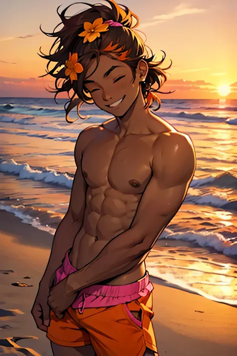 homem, garoto, morena de 19 anos, homem de pele escura, sem camisa, com cabelo castanho escuro na altura dos ombros com mechas laranja, She is smiling with her eyes closed and has a pink and yellow flower in her hair. has pink and orange shorts and is on a...