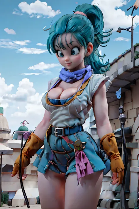 Obra maestra, mejor calidad, high resolution, Dragon Ball, pony, pelo aguamarina, Cinta para el pelo, cola de caballo trenzada, Camisa rosa, belt, bufanda, falda rosa, escritura de ropa, guantes marrones, pechos medianos, al aire libre, tiro de vaquero, Ag...