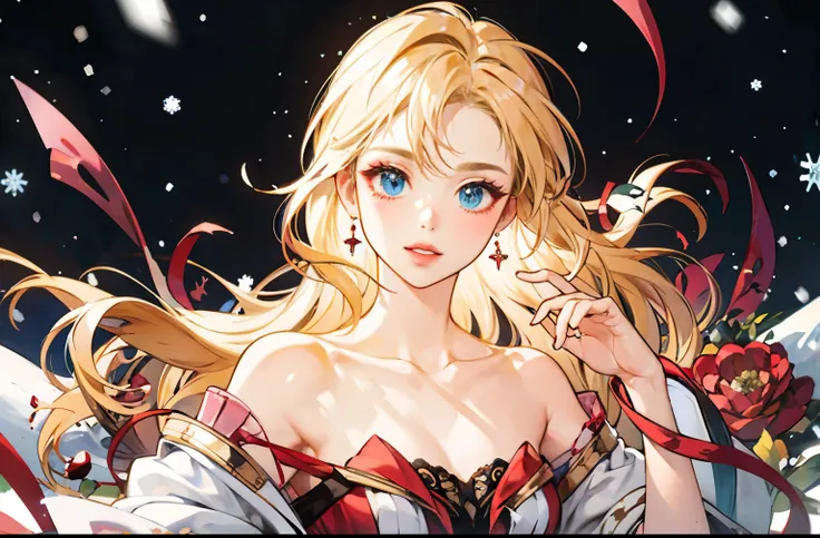 masterpiece, best quality, landscape full of magical flowers, a woman with blonde hair and fair skin as snow, she has eyes of strong red color, high nose and lips red as pomegranate, her appearance was not easily forgotten as soon as they saw her, and her ...