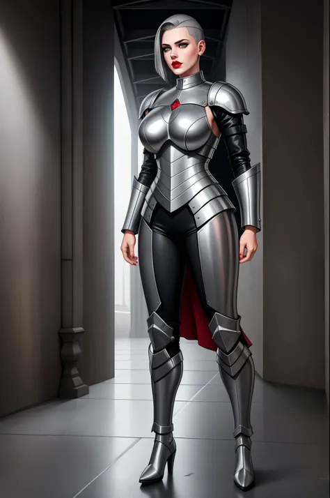 lady steelheart, armoured woman, steel grey hair, young woman, side shaved hair, bobcut, grey eyes, red lips, full body shot
