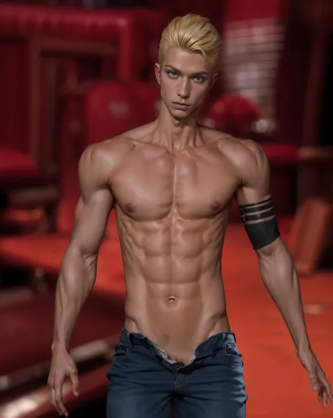 arafed male in a leather harness and jeans walking on a red floor, shirtless :: high detail, skinny male fantasy alchemist, young blonde boy fantasy thief, male character, beefcake pose, handsome stunning realistic, highly detailed full body, skinny male f...