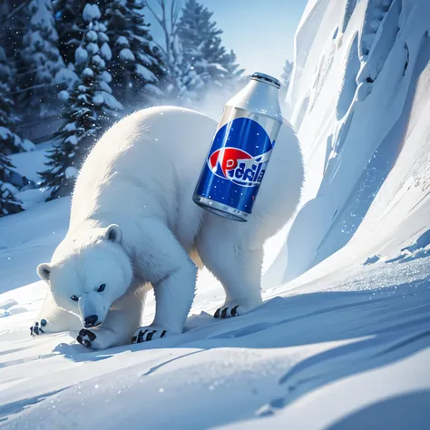 (best quality),polar bear in the snow drinking a Polar beer from Polar Brewery, with a Pepsi and Polar company food,photorealistic,shiny fur, crisp snow, detailed bear eyes and mouth, realistic beverage, iconic Polar Brewery logo, vibrant colors, natural l...