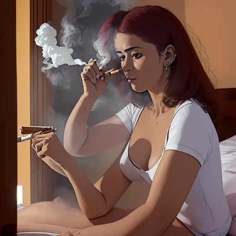 una mujer joven rapera y hermosa fumando cigarrillo y soltando mucho humo dibujada en una cama