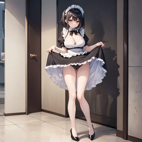 (1 solo skinny maid:1.5) standing alone in hallway, (solo:1.4), (curtsey:1.5), (both hands pinch own short skirt and lift skirt higher to either side:1.6), tiptoe, BREAK, black short hair, black eyes, smile for viewer, BREAK, (bursting large breasts), clea...