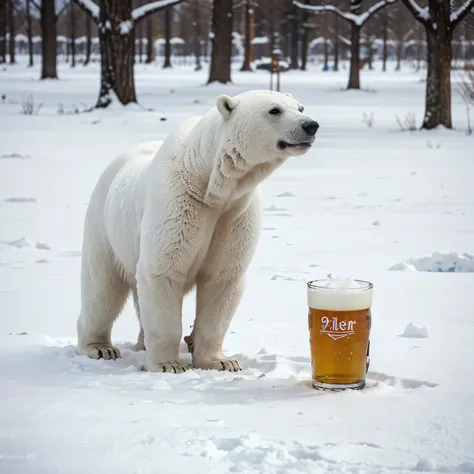 Photograph of a polar bear in the snow drinking a Pilsen beer without a brand name