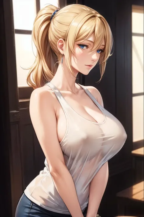 (best quality, highres, photorealistic), portrait, elegant mature woman, blue eyes, long hair, swept-side bang, blonde hair, see through tank top, big breast, ultra detailed cg 8k, beautiful cg, soft light